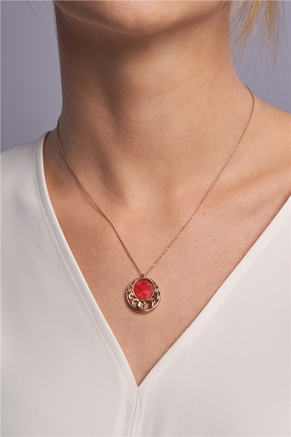 Kırmızı Mineli Tasarım 14K Rose Altın Kaplama 45 cm Zincirli Bayan Gümüş Kolye
