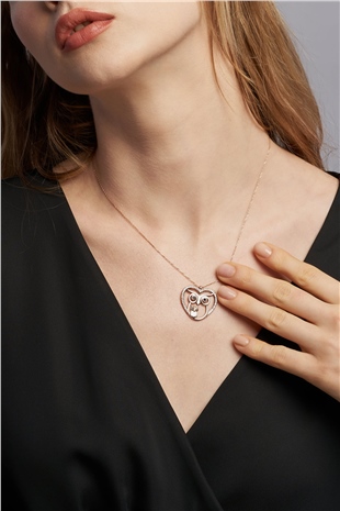 Kalpli Anne Yavru Baykuş Motifli Taşlı 14K Rose Altın Kaplama 45 cm Zincirli Bayan Gümüş Kolye