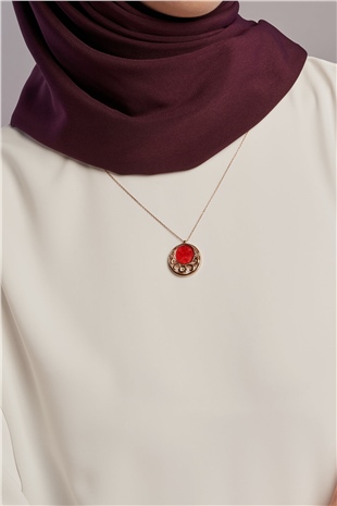 Kırmızı Mineli Tasarım 14K Rose Altın Kaplama 45 cm Zincirli Bayan Gümüş Kolye