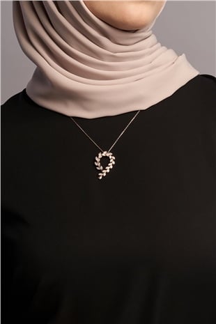 Zeytin Dalı Motifli Doğal Zirkon Taşlı 14K Rose Altın Kaplama 45 cm Zincirli Kadın Gümüş Kolye